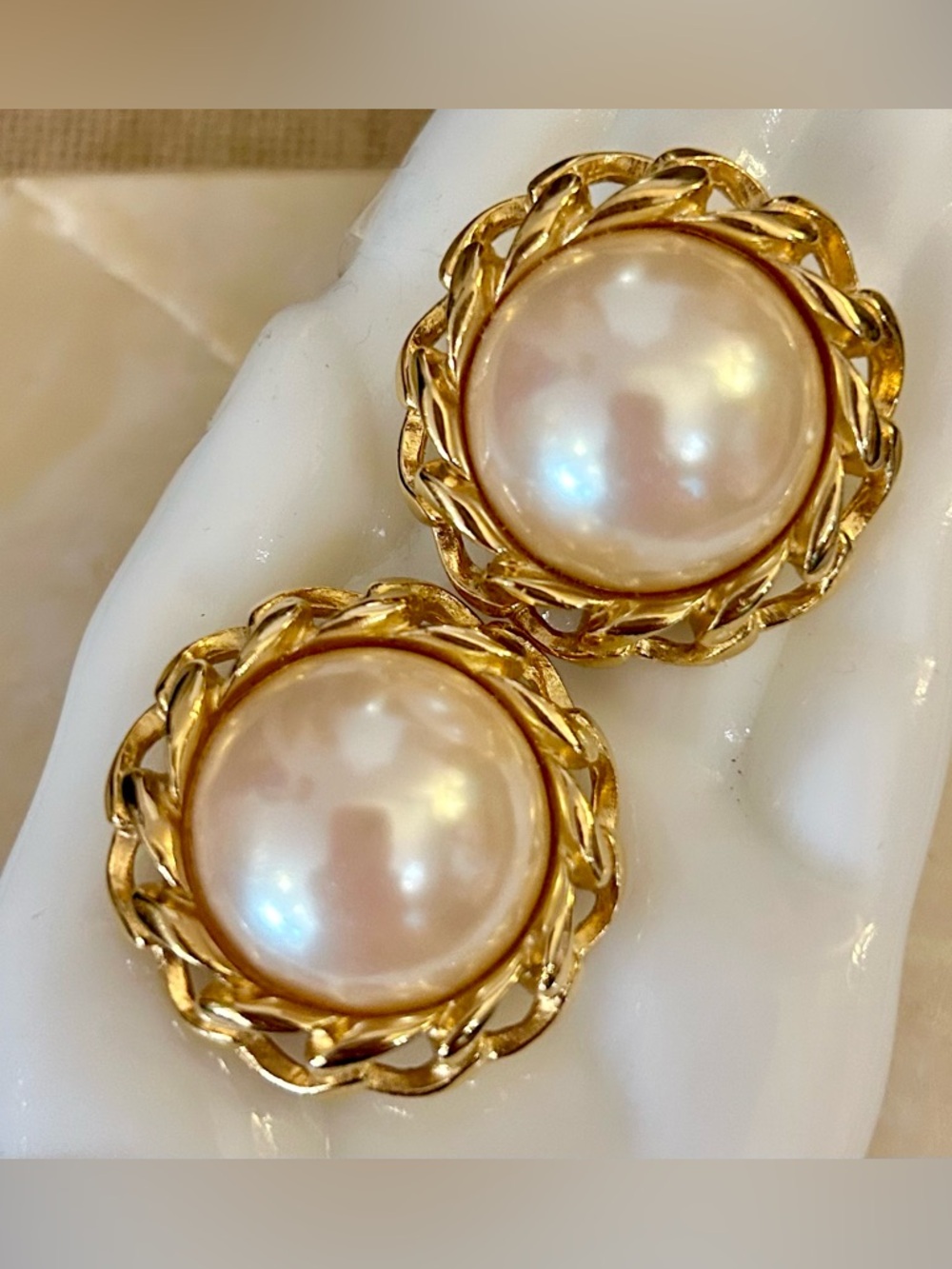 Vintage Richelieu Faux-Pearl Clip-on Earrings in Gold-tone Setting